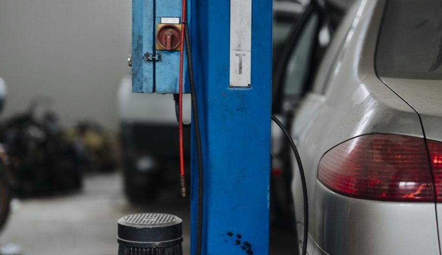 Vehicle in a real auto repair service bay